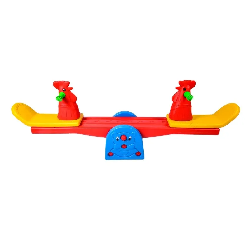 Fun cartoon outdoor playground with children swinging plastic seesaw play equipment