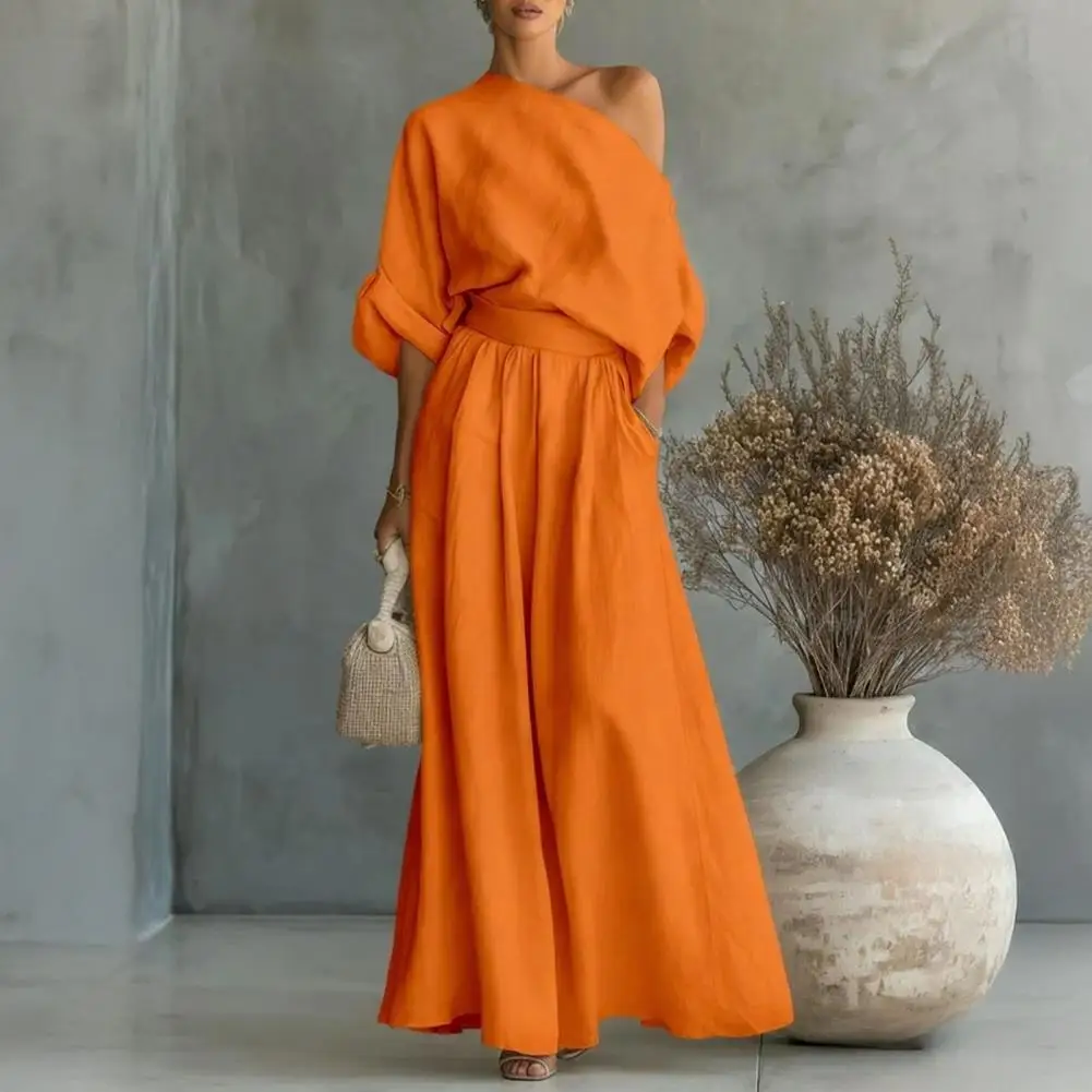 Women Blouse Pants Set Elegant European And American Waist Cinched Sloping Shoulder Top And Pants Two-piece Set Summer Outfit view 4