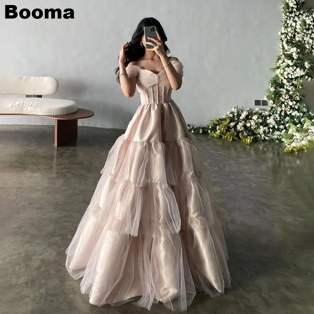 Booma A Line Long Prom Dresses Off Shoulder Boning Corset Tiered Formal Evening Dresses for Women Dubai Birthday Party Gowns