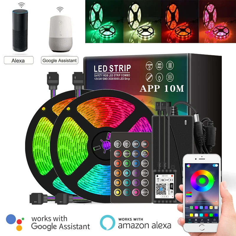 5M 10M 15M 20M Smart Wifi APP Remote Control RGB LED Lights Strips 5050 12V 220V Neon Tape Compatible Alexa Google Home Decor