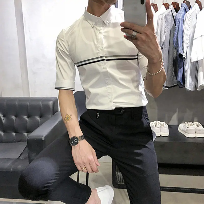 2024 Summer Korean Edition Trendy and Fashionable Polo Collar Color Block Slim Fit Versatile Thin Short Sleeved Shirt for Men