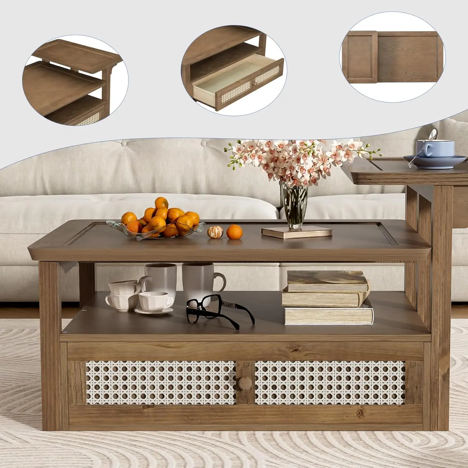 طاولة قهوة خشبية متداخلة حديثة، درج طاولة جانبية مرتفع ومنخفض من قطعة واحدة، طاولة جانبية من الخشب الريفي للتخزين بطبقتين