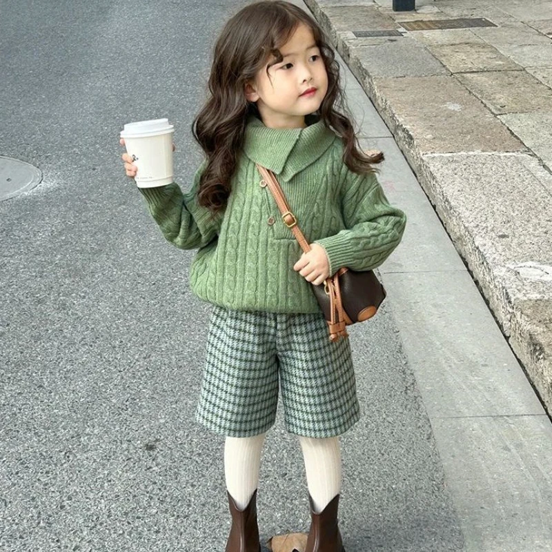 2026 Autumn/Winter New Coarse Needle Sweater and Thousand Bird Plaid Woolen Pants Two Piece Set