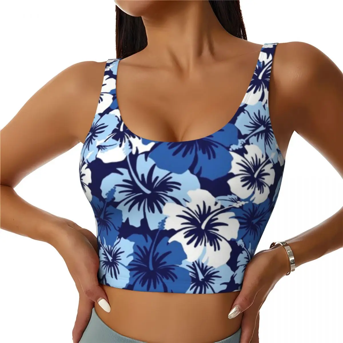Seamless Workout Top Epic Hibiscus Hawaiian Floral Aloha Shirt Print - Blue Teen Sports Class Padded Sports Vest
