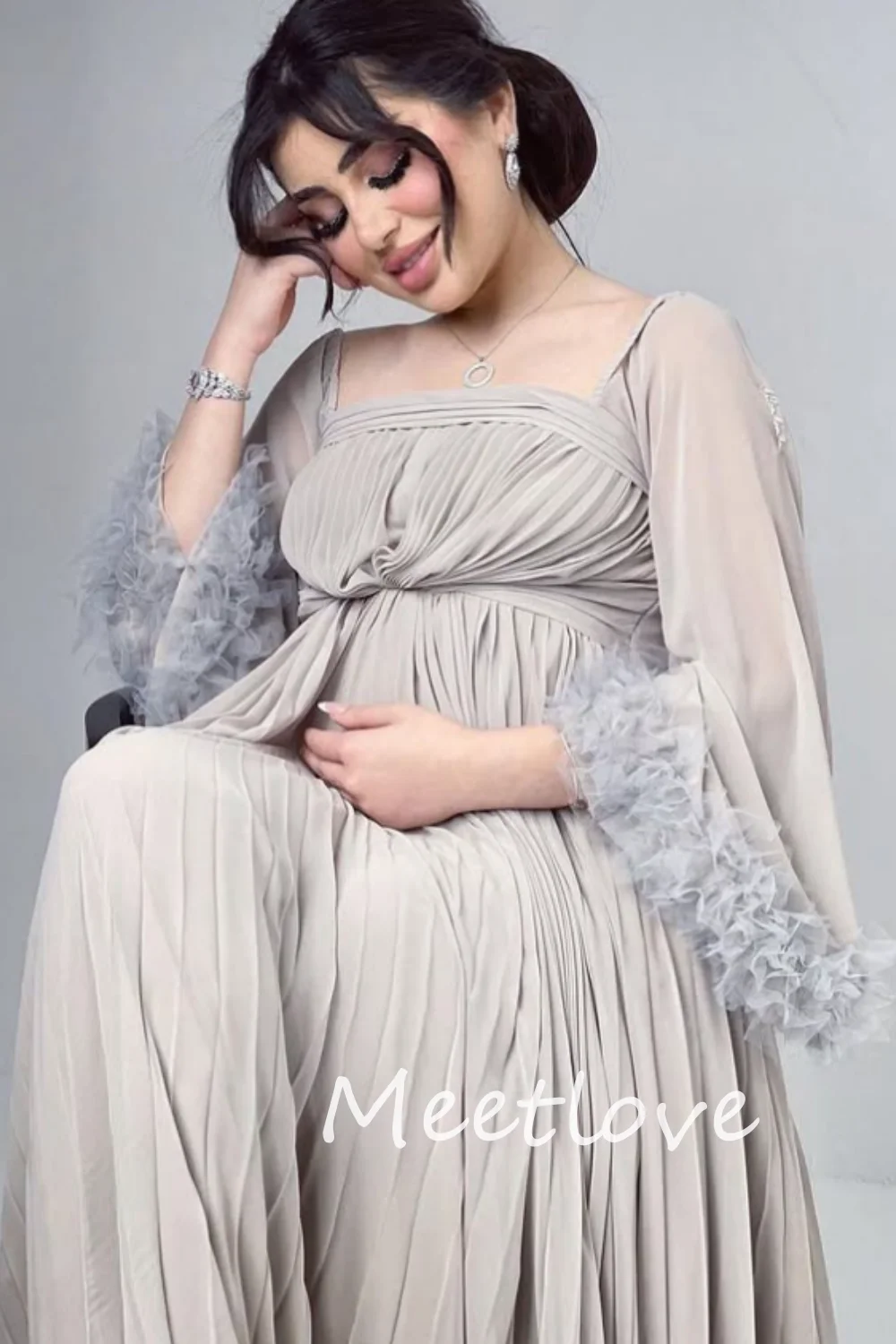 Customized 2024 Customize Saudi Arabia Pregnant Woman A-Line Strapless Long Sleeves Chiffon Prom Dresses Special Occasion Gown