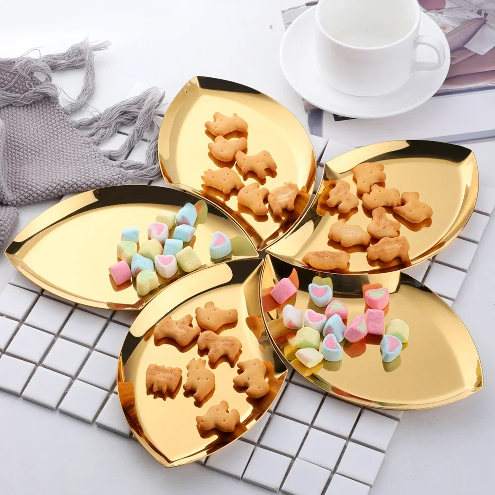 

Gold Dinner Plates Stainless steel Dining Plate Leaf shape Snack cake Serving Dishes Metal Western Steak Trays kitchen Utensils