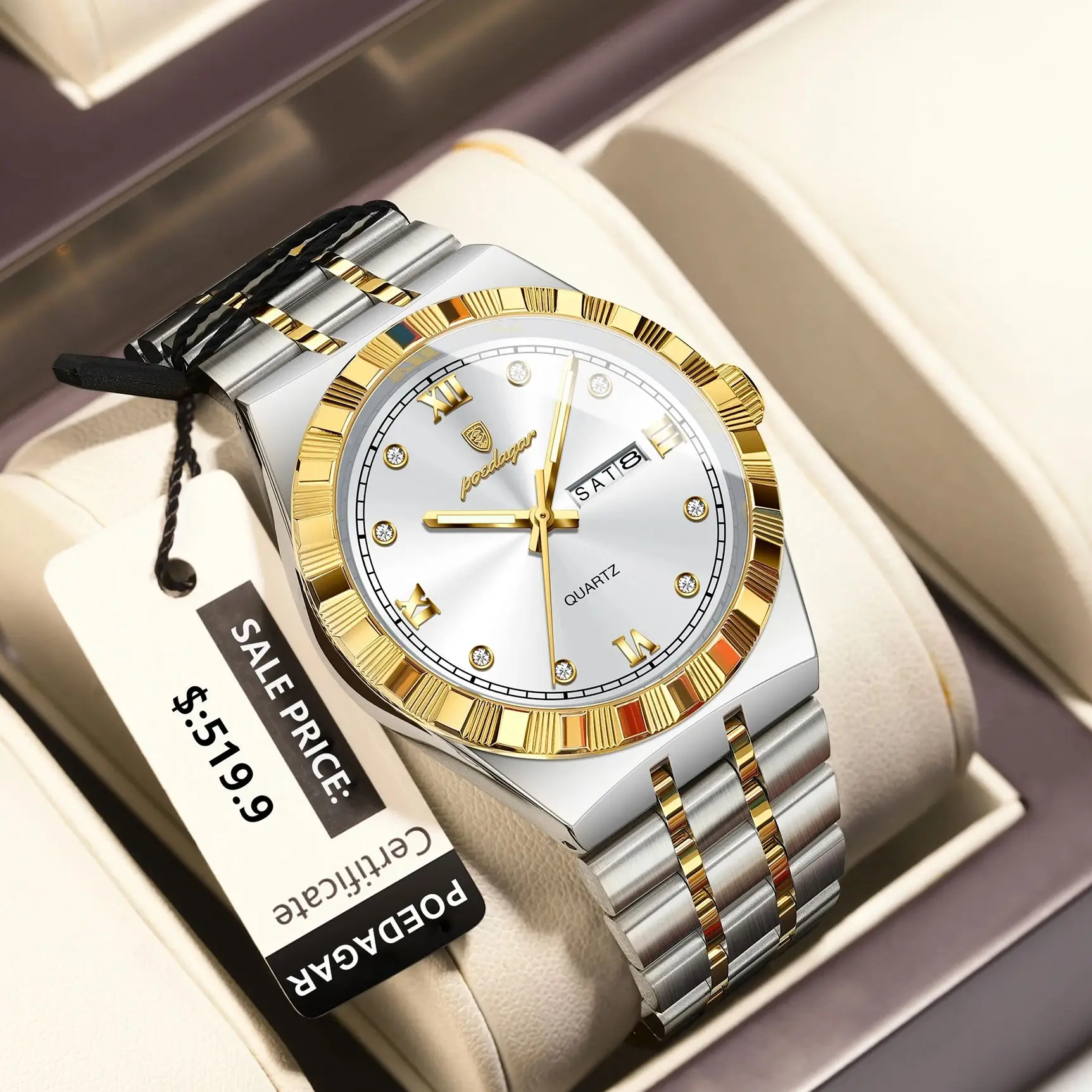 

POEDAGAR Роскошные деловые мужские часы, водонепроницаемые светящиеся мужские наручные часы с датой недели, модные кварцевые часы из нержавеющей стали для мужчин