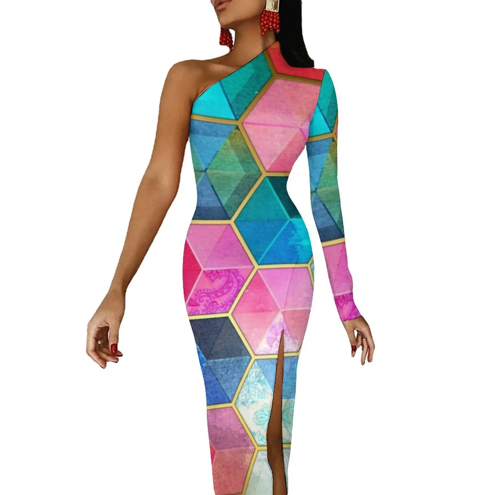 Colorful Geo Print Bodycon Dress Womens Honeycomb Cubes Kawaii Maxi Dress One Shoulder Party Graphic Dresses Gift