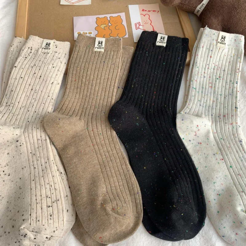 4 Pairs Women Cartoon Printed Mid Tube Sock Fashionable Colored Dot Yarn Sweat Absorbing Breathable Soft Comfortable Casual Sock