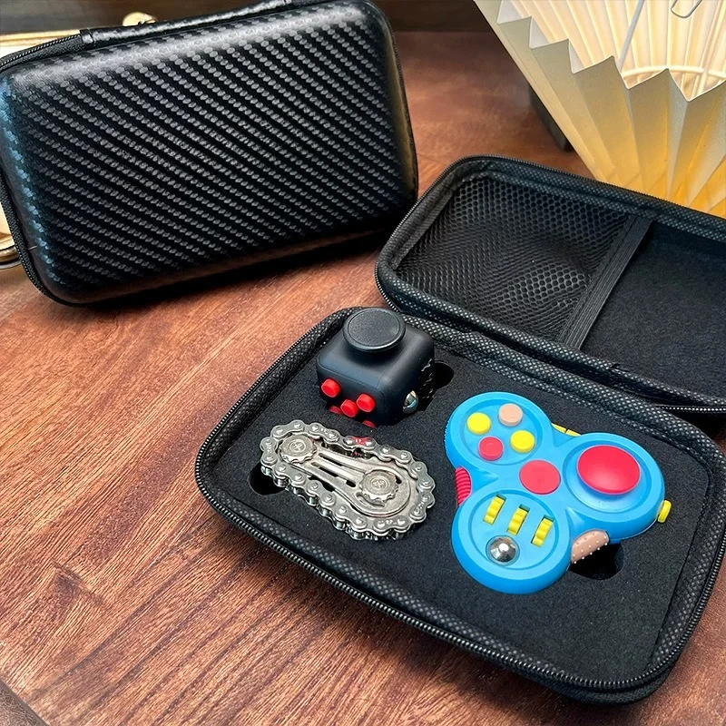 Fidget Spinner Complete Set Equipped Storage Bag, Cube Dice Chain Fidget Toys, Portable Black Tech Stress Relief Gift