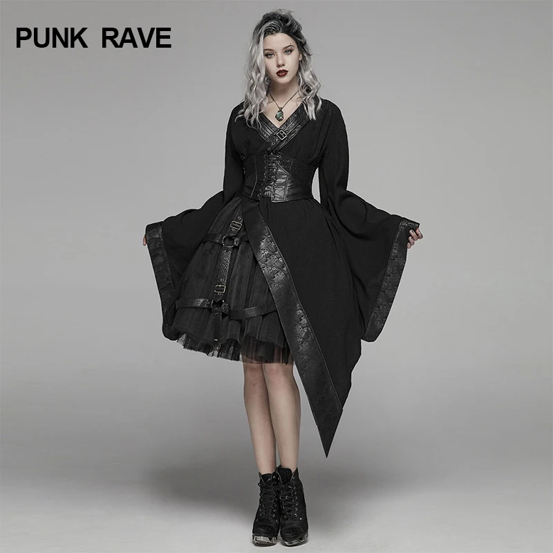 

PUNK RAVE Woman's Dark Punk Japanese Kimono Asymmetric Adjustable Party Dress For Women with Independent Corset in Regulai Fit