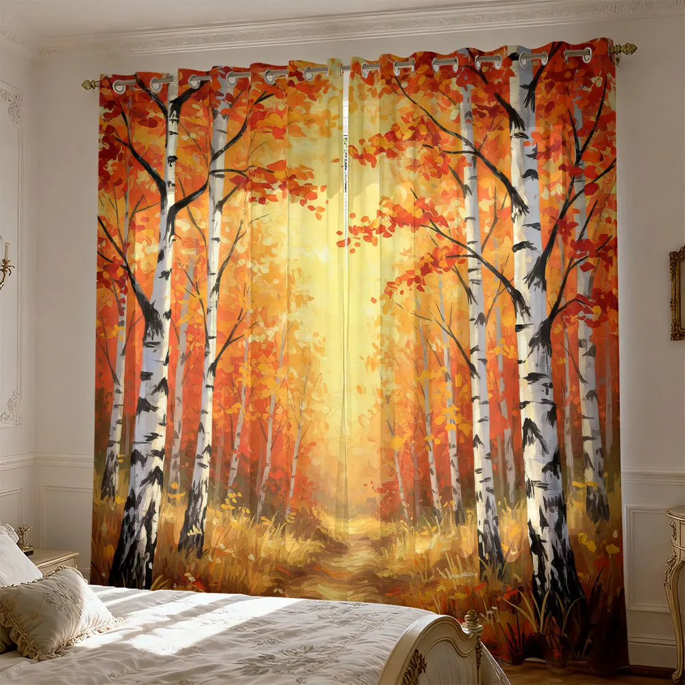 2 pieces of autumn birch forest landscape curtains for living room and bedroom blocking light and decorating homes