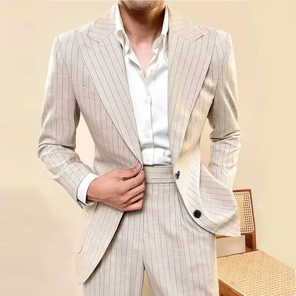 

Elegant Striped Men Suit 2 Piece Fashion Single Breasted Peak Lapel Costume Homme Business Casual Daily Office Male Jacket Pants