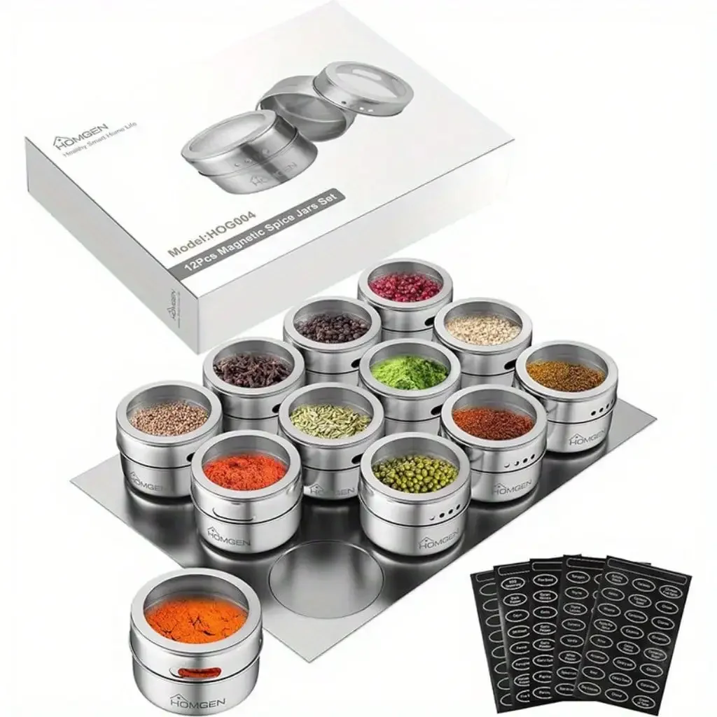 12Pack Magnetic Spice Jars Set Stainless Steel Magnetic Spice Containers 100ml/3.4oz Magnetic Spice Jars