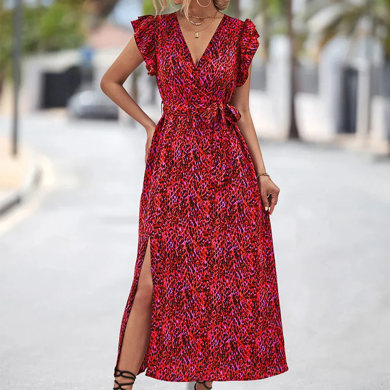 

2023 Sweet Summer Clothes for Women Sleeveless Patchwork Ruffles V-Neck Fragmented Floral Printing Slit Knee-length Dresses