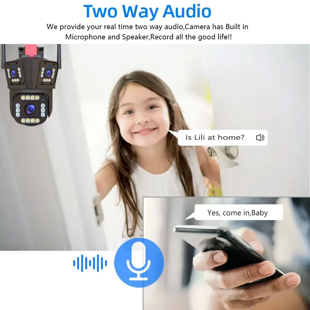 6K multi-lensa 12MP FHD + WIFI kamera pengawas tiga layar, pelacakan otomatis warna penglihatan malam CCTV Wi-Fi kamera keamanan