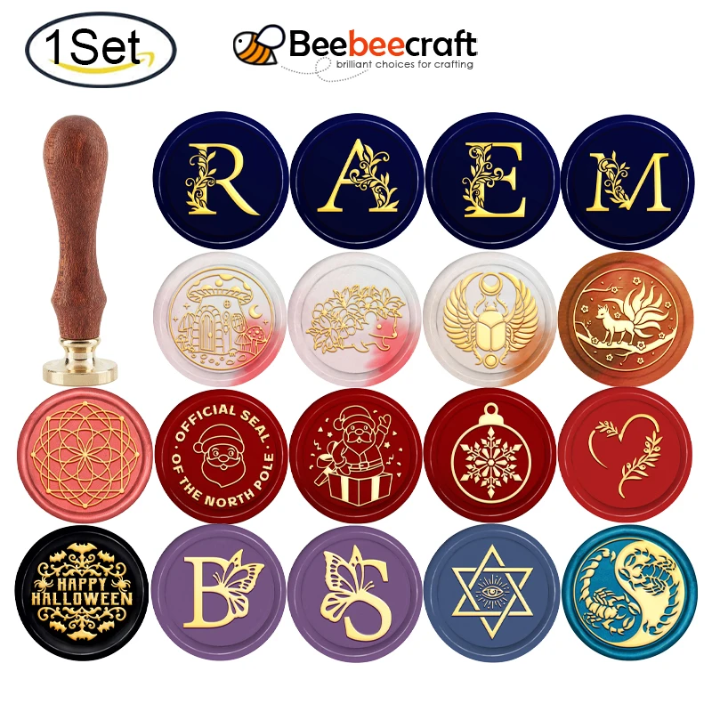 

1PC Halloween Wax Seal Stamp Halloween 30mm Removable Brass Head Sealing Stamp with Wooden Handle for Halloween Invitations