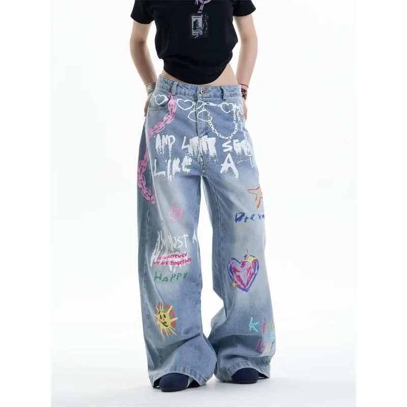 

Trendy Street Retro Punk Hip-hop Floor-length Jeans Designed Heavy Industrial Chain Printed Straight-leg Long Pants Fashionable