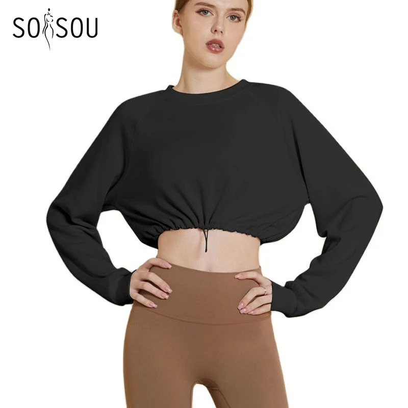 SOISOU Yoga Gym Top Women Shirts Long Sleeve Crop Top Sportswear Loose Elastic Breathable Adjustable Hem Sports Womens Clothing