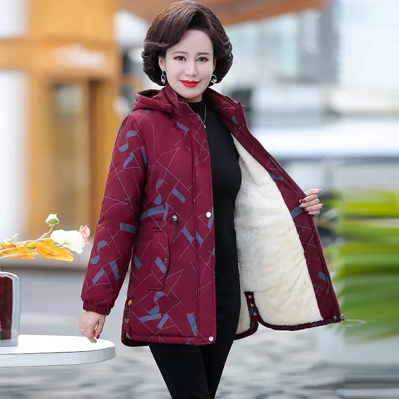 Women's Cotton Coat Parkers Middle Aged Elderly Mother's Autumn Winter Jacket 2024 New Add Velve Hooded Keep Warm Printing Outer