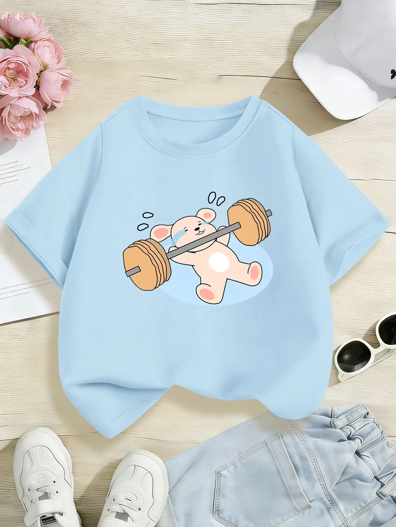 Kids Short Sleeve T Shirt Cute Weightlifting Cartoon Bunny Graphic Round Neck Casual Summer Tops For Boys Girls