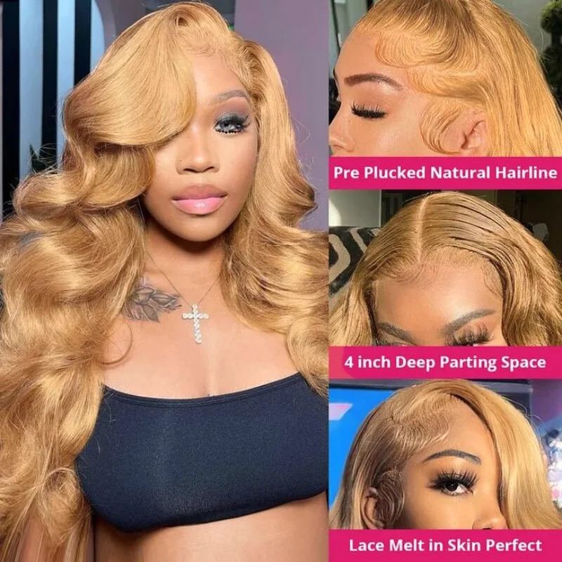 Honey Blonde Lace Front Wig Synthetic Wigs For Women Pre Plucked With Baby Hair Body Wave Blonde Lace Front Wigs 180% Density