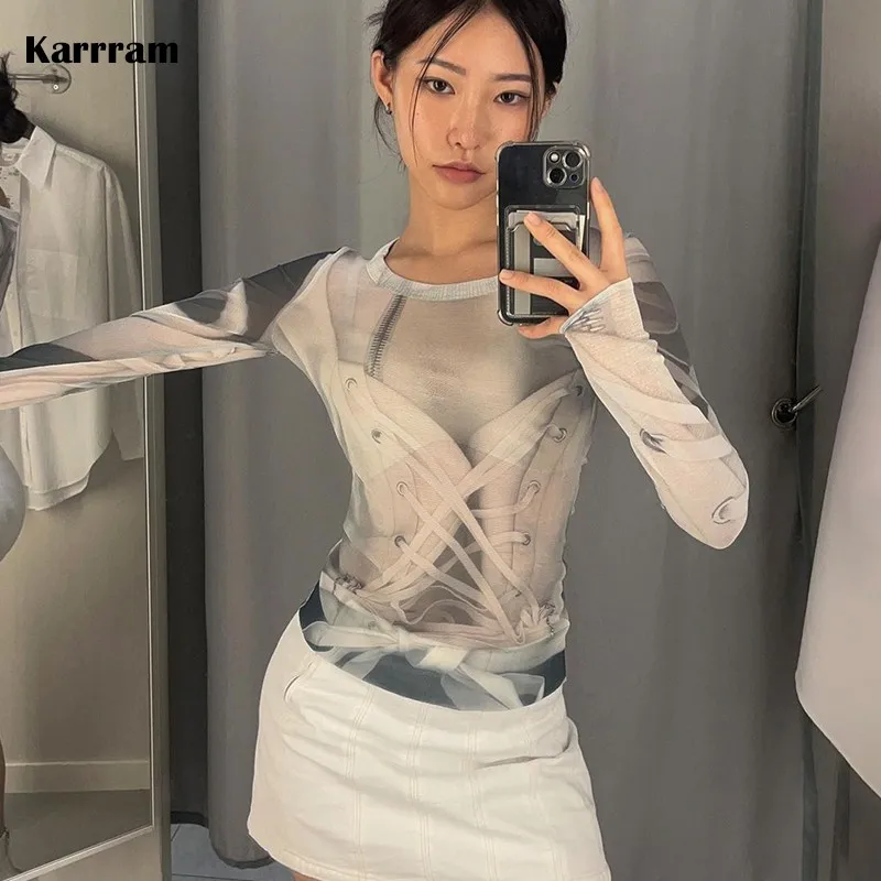 Karrram Korean Fashion Designer Clothes Grunge Aesthetic Sheer Tops Y2k Cyber Graphic Mesh Top See Through Kpop Chic Streetwear