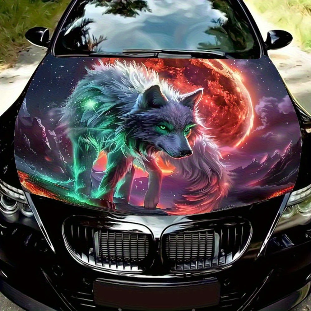 

White Wolf Under The Mysterious Red Moon Vinyl Decal - Universal Fit Paper Material Car Hood Wrap, Automotive Exterior Bonnet St