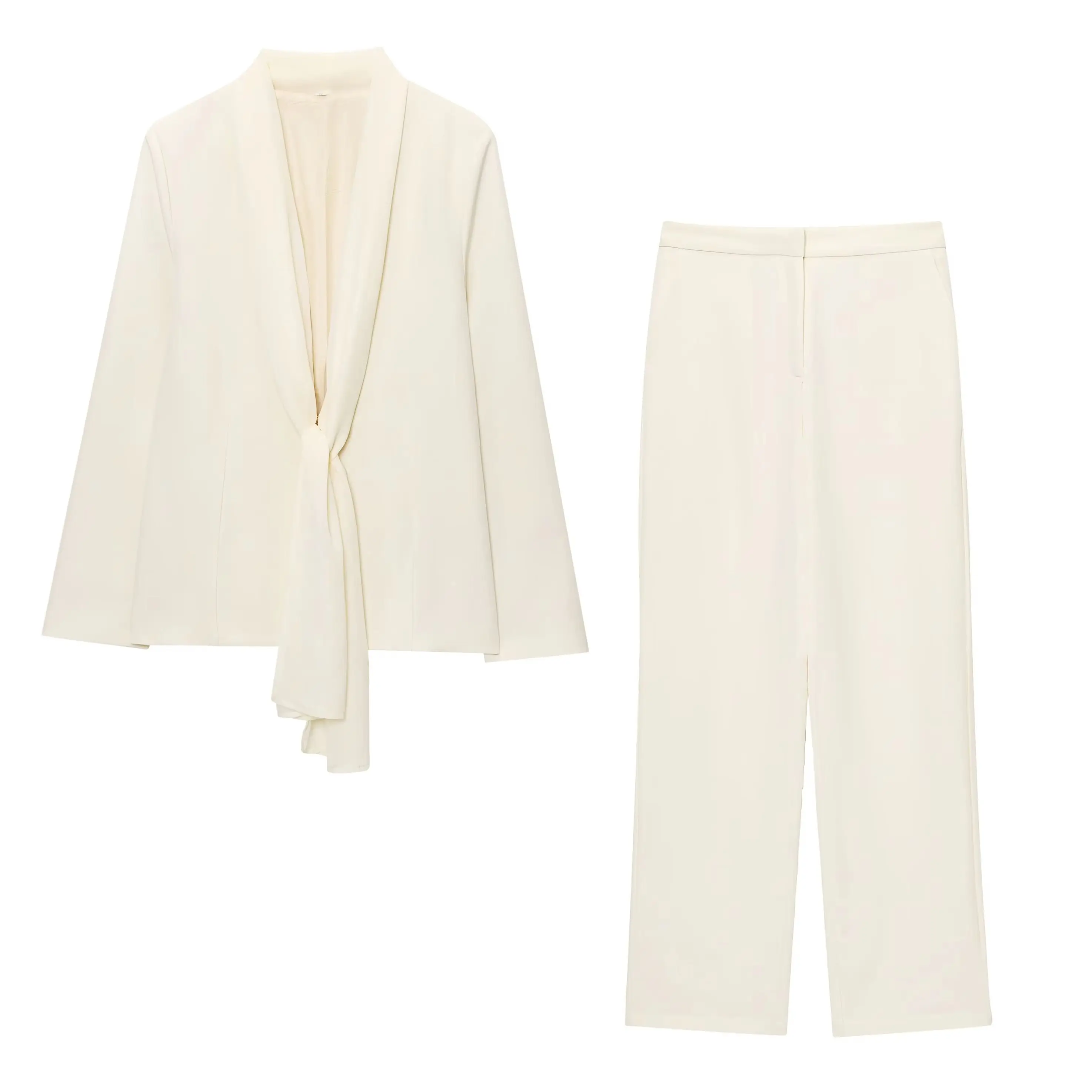 

KONDALA шикарный женский бежевый модный осенний однотонный костюм 2025 года, рубашка с отложным воротником на шнуровке + широкие длинные брюки с талией, повседневный женский комплект