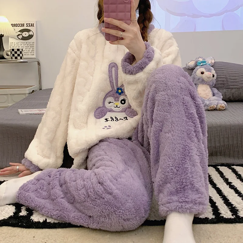 Autumn and Winter Pajamas Ladies Flannel Homewear 2023 Round Neck Long Sleeve Warm Lovely Embroidered Rabbit Can Be Worn Outside