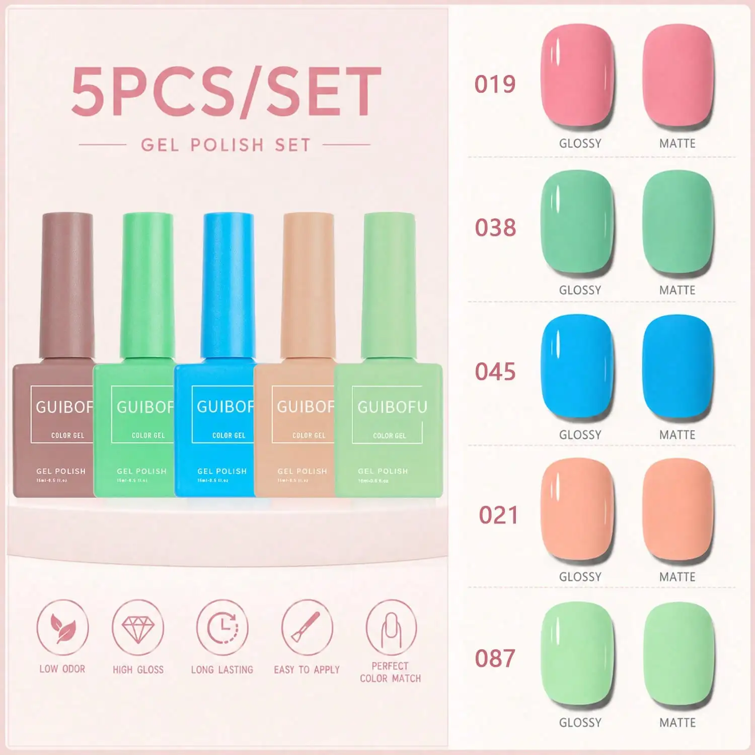 5pcs Gel Nail Polish Kit 15ml Bottles,Colorful Nail Art Gel Collection, Shades With Glossy And Matte Color Option
