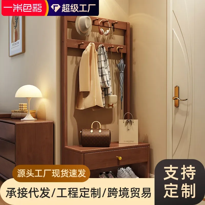 Solid wood coat rack Floor-to-ceiling bedroom shoe changing stool Hanging hanger Integrated shelf Entering the
