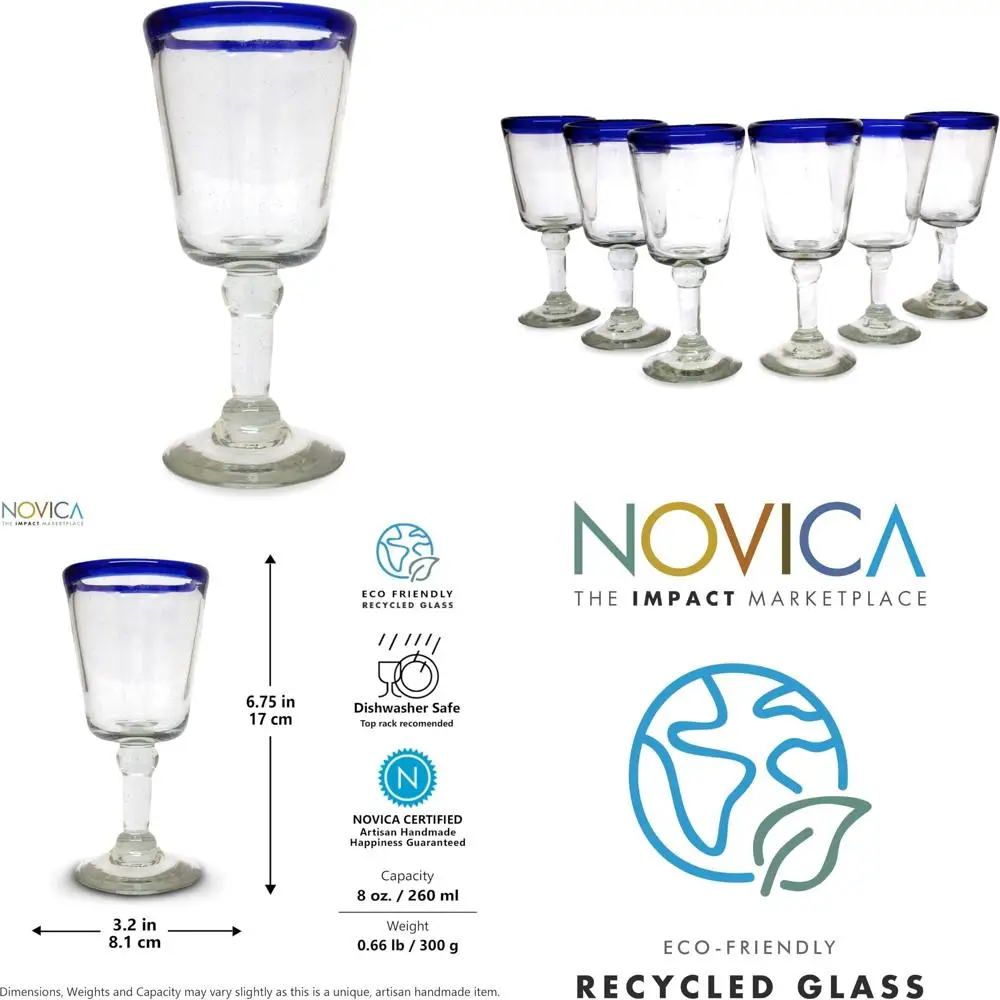 

Recycled Glass Chardonnay Wine Glasses with Cobalt Blue Rims, Set of 6, 8 Oz