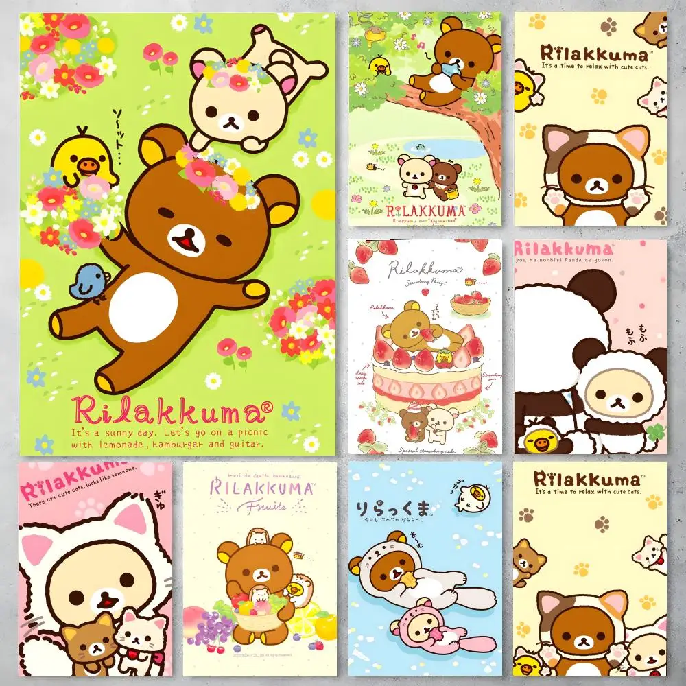 Affiche classique Rilakkuma de dessin animé mignon, autocollant artistique auto-adhésif en papier imperméable, décoration murale pour café, bar, chambre