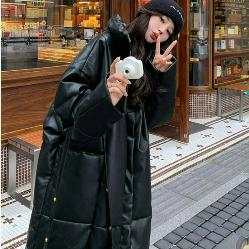 2026 Autumn Winter New Fashionable Thickened High-end Medium Length Jacket No Wash PU Leather Down Cotton Coat Women Long Style