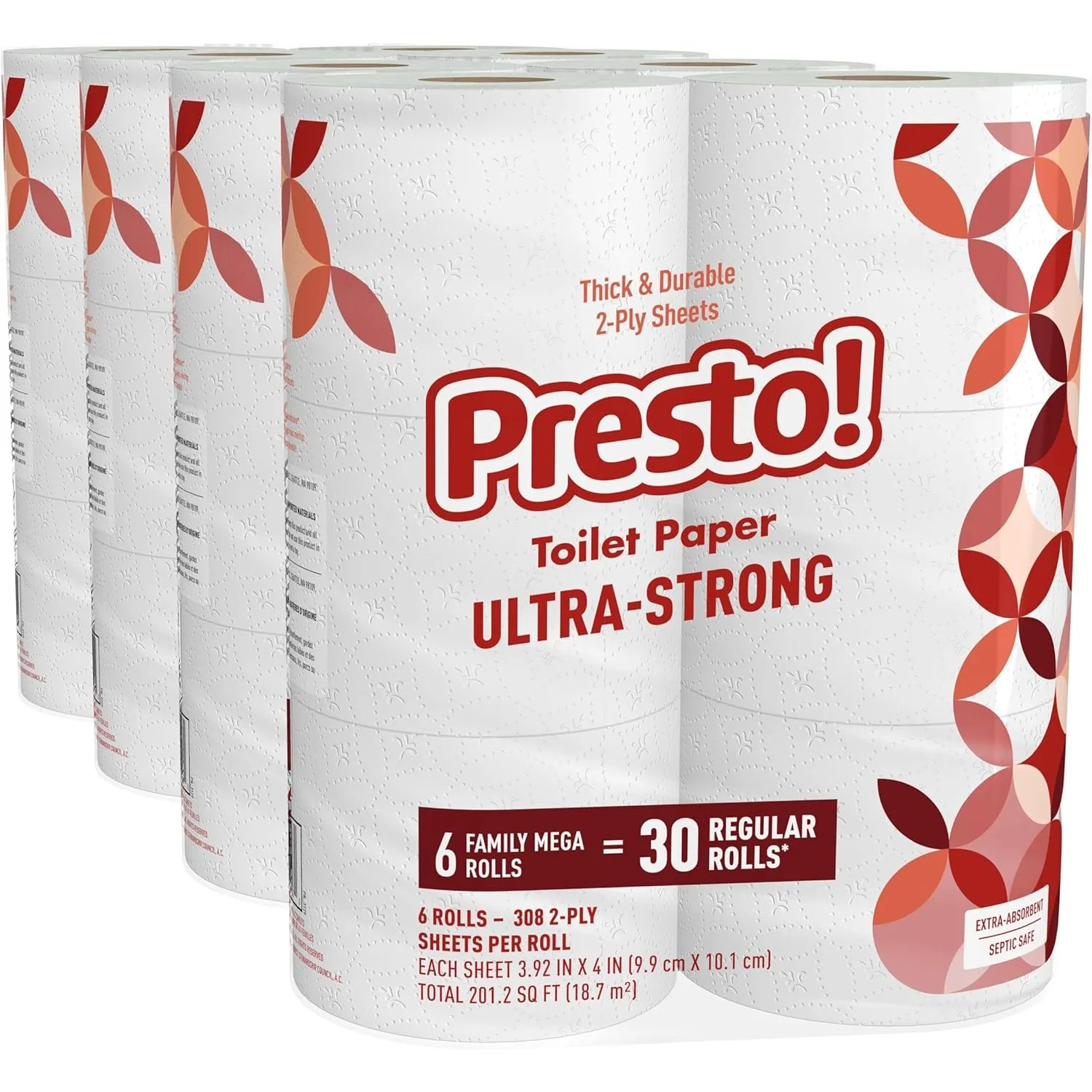 

Ultra-Strong 2-Ply Toilet Paper, 24 Mega Rolls = 120 Regular Rolls, 308 Sheets Per Roll, Unscented