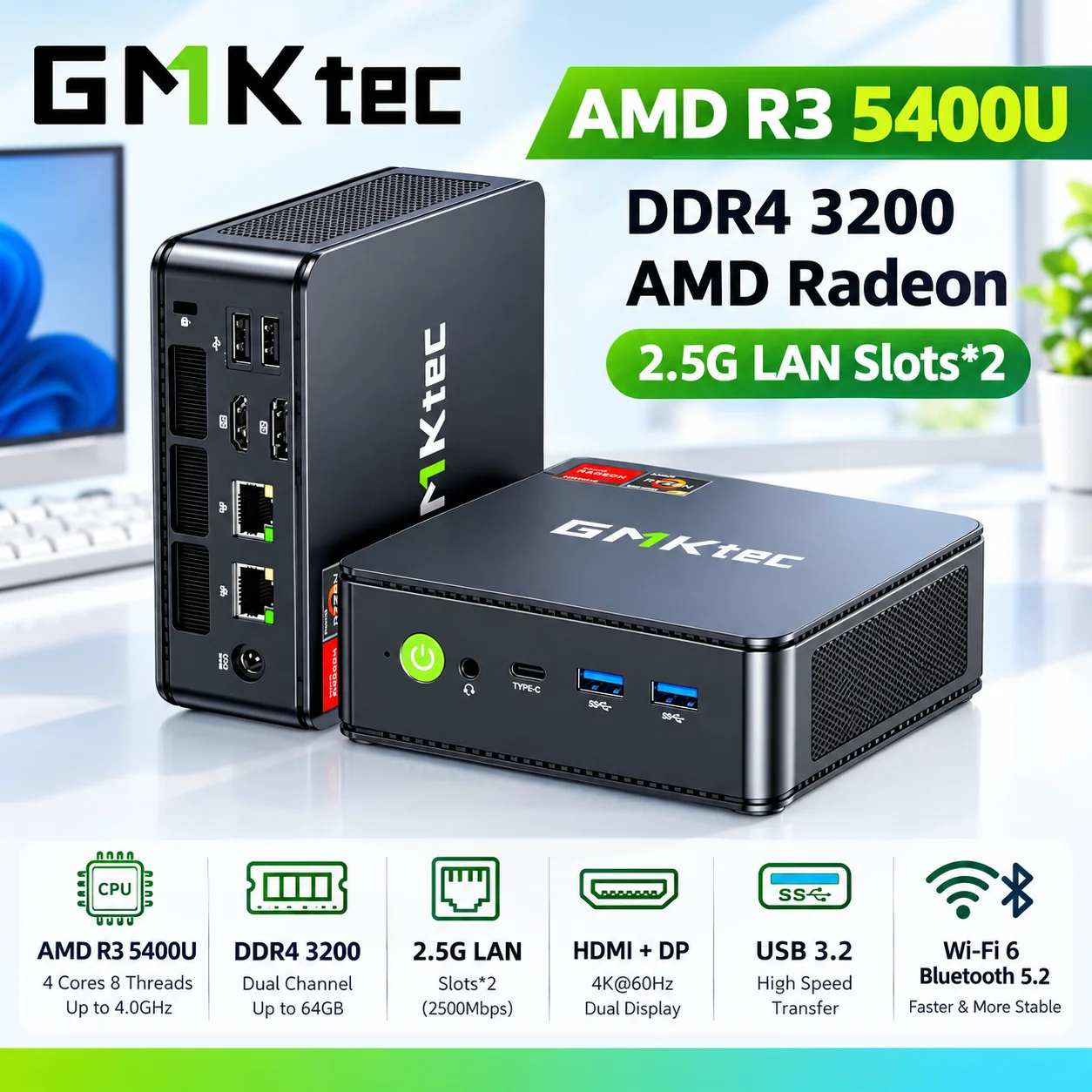 GMKtec M5S AMD R3 5400U Mini PC 4-core 8-thread Portable Computer 16GB DDR5 512GB SSD Computer PC Gaming Desktop PC