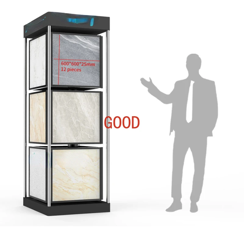 Modern custom 360 degree rotating rock ceramic tile display shelf granite floor type showroom design quartz display rack