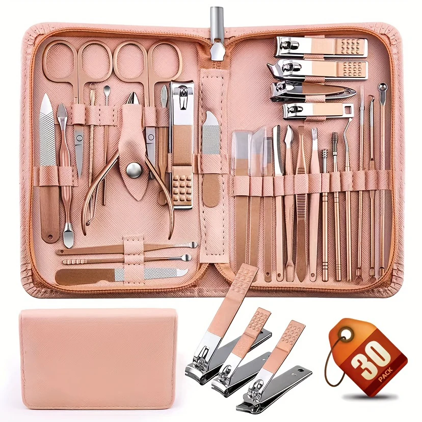 

30 Pcs Manicure Set Professional Nail Clipper Set Stainless Steel Solid Manicure Kit Nail Care Kit With Pink Case Valentine