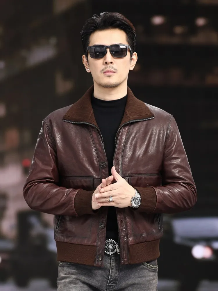 New Designer Mens Detachable Knitted Collar Real Sheepskin Business Work Jacket Slim Fit Single Breasted Genuine Leather Jackets