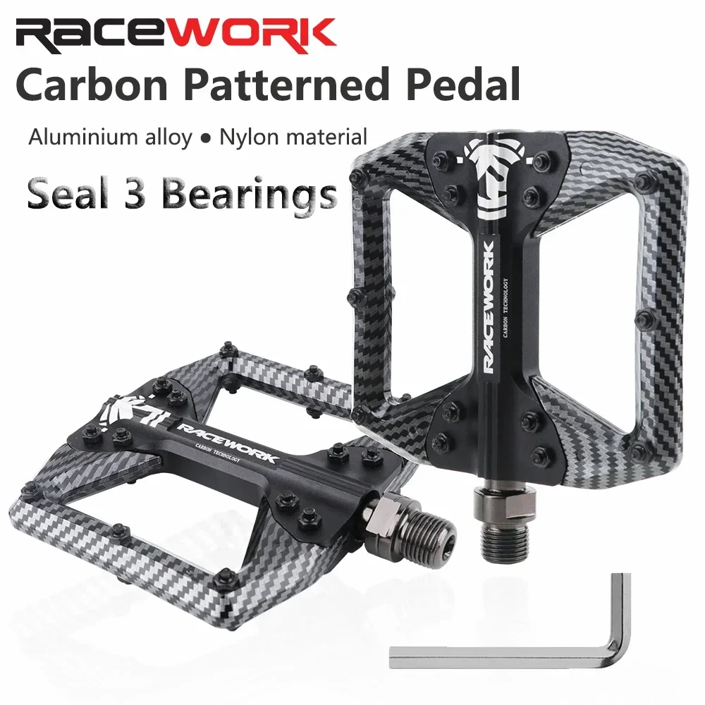 

Велосипедные педали RACEWORK, 3 подшипника, горный шоссейный велосипед, покрытие из углеродного волокна, сверхлегкая плоская педаль, нейлоновая педаль из алюминиевого сплава MTB