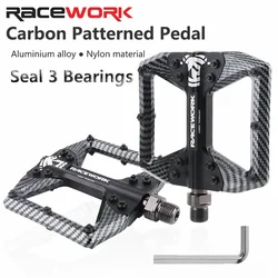 RACEWORK Bicycle Pedals 3 Bearings Mountain Road Bike Carbon Fiber Coating Ultralight Flat Pedal MTB Aluminum Alloy Nylon Pedal