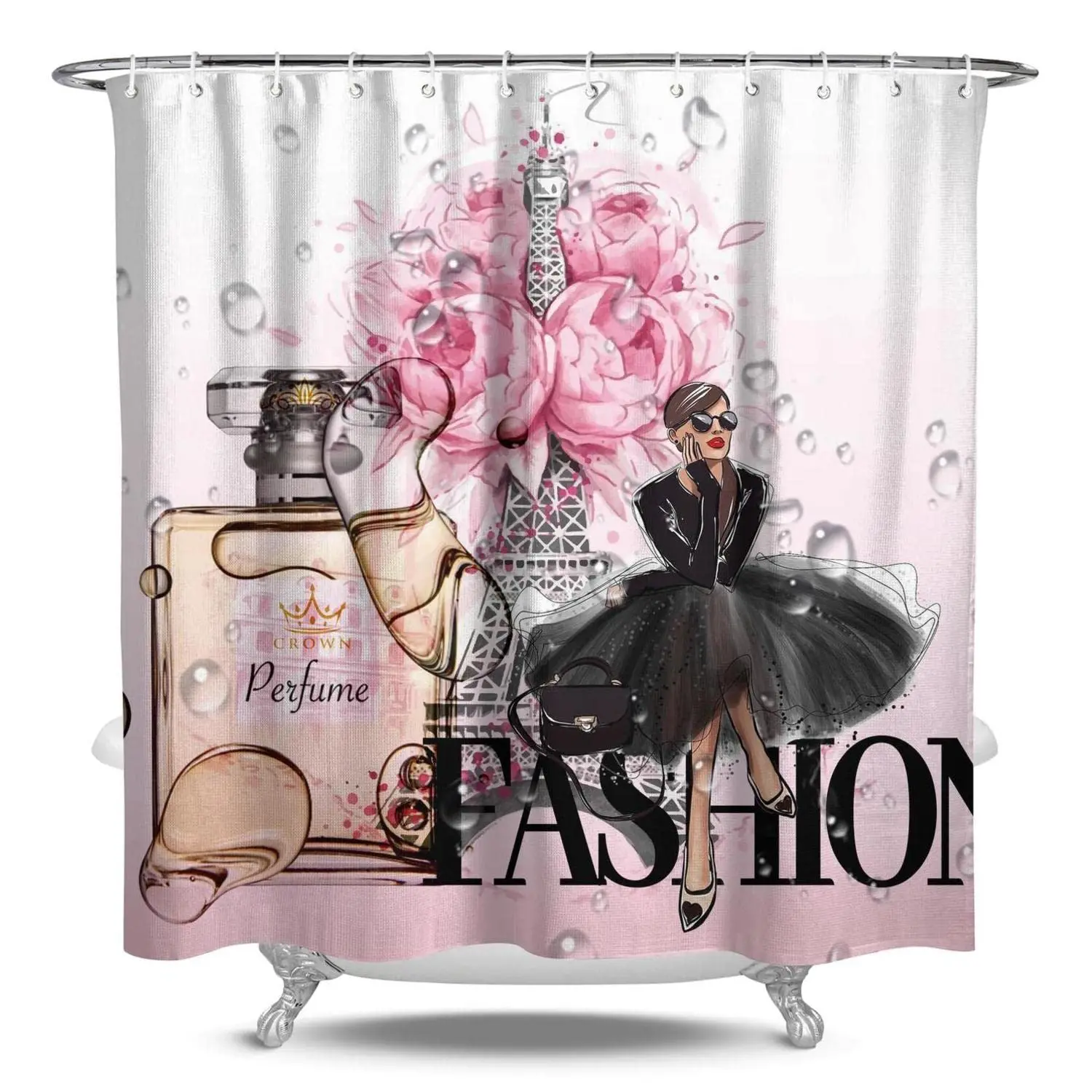 Women Girl Cosmetic and Make Up Shower Curtain, Modern Lady Stylish Watercolor Perfume and Lipstick,Fabric Bathroom Curtain Sets