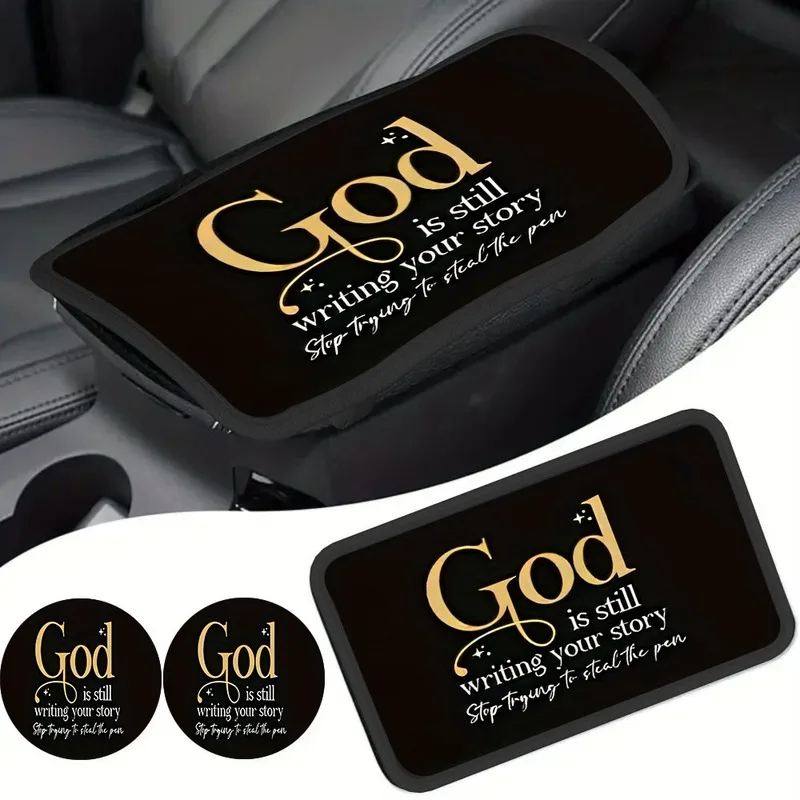 1Pc Car Armrest Cover + 2Pcs Cup Coasters, Faith Inspired Christian Style Car Interior Accessory Set