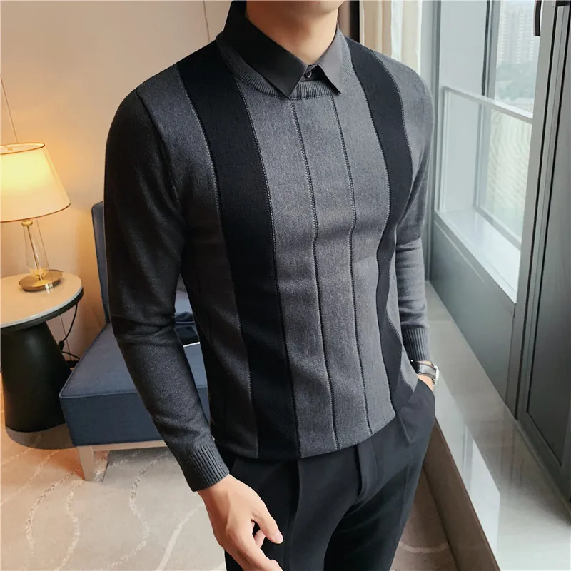 Winter Striped Stitching Sweater Men Long Sleeve Slim Fit Fake Two Knitted Pullovers High Quality Simple Business Men's Sweater