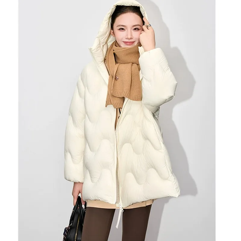 Black 90%White duck down Jacket 2025 Autumn Winter New High end Hooded Loose Puff down Coats Female Thick Warm Parka Overcoat