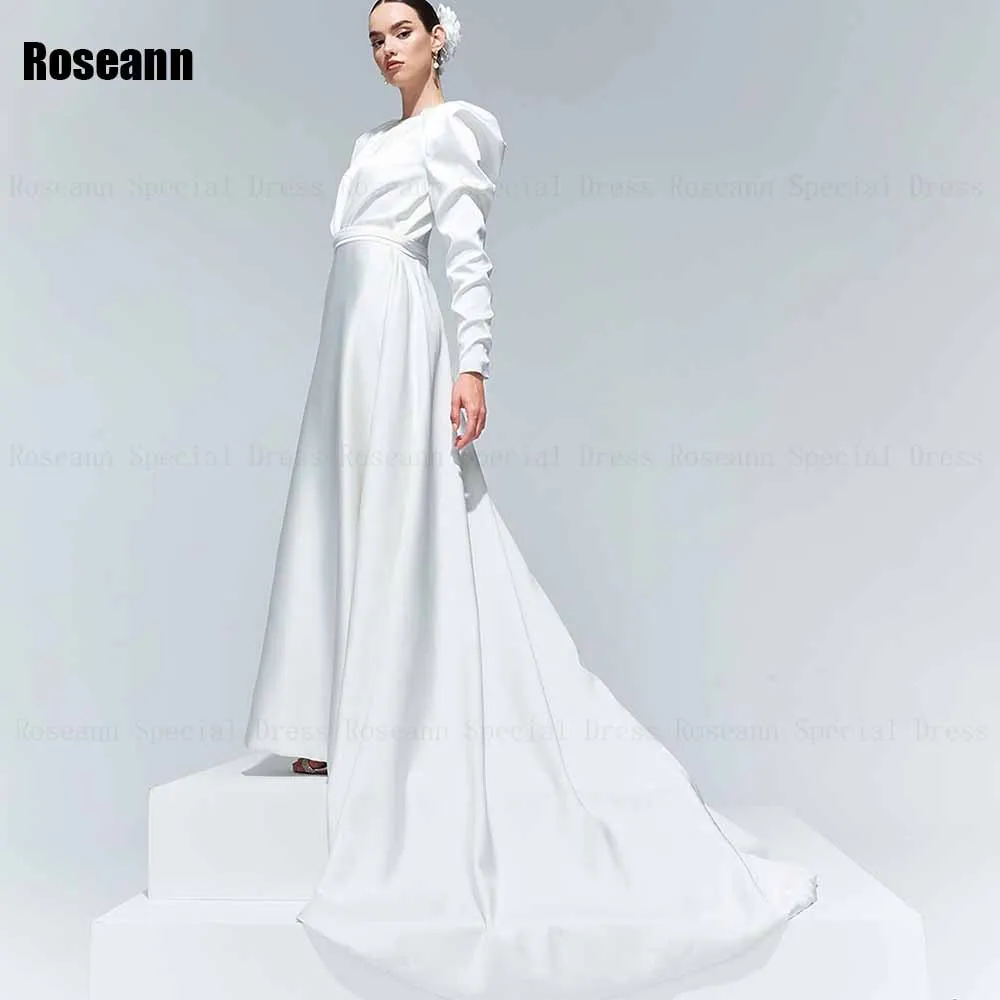 

Muslim Exquisite A-line Wedding Dresses High Collar O-Neck Draped Pleat Belt Brush Train Floor Length Bride Gown robe de mariée