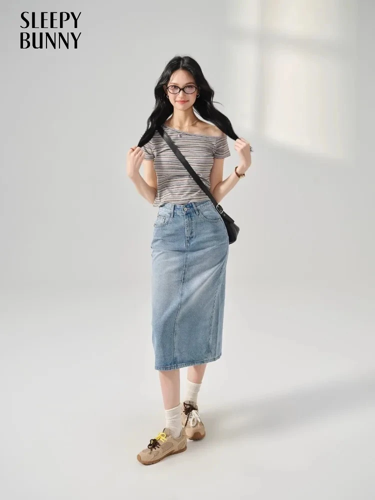 

Vintage Washed Denim Midi Skirt Women Summer Casual High Waist Slim Jean Skirt Front Slit Straight Cut Split Skirt Petite Girls