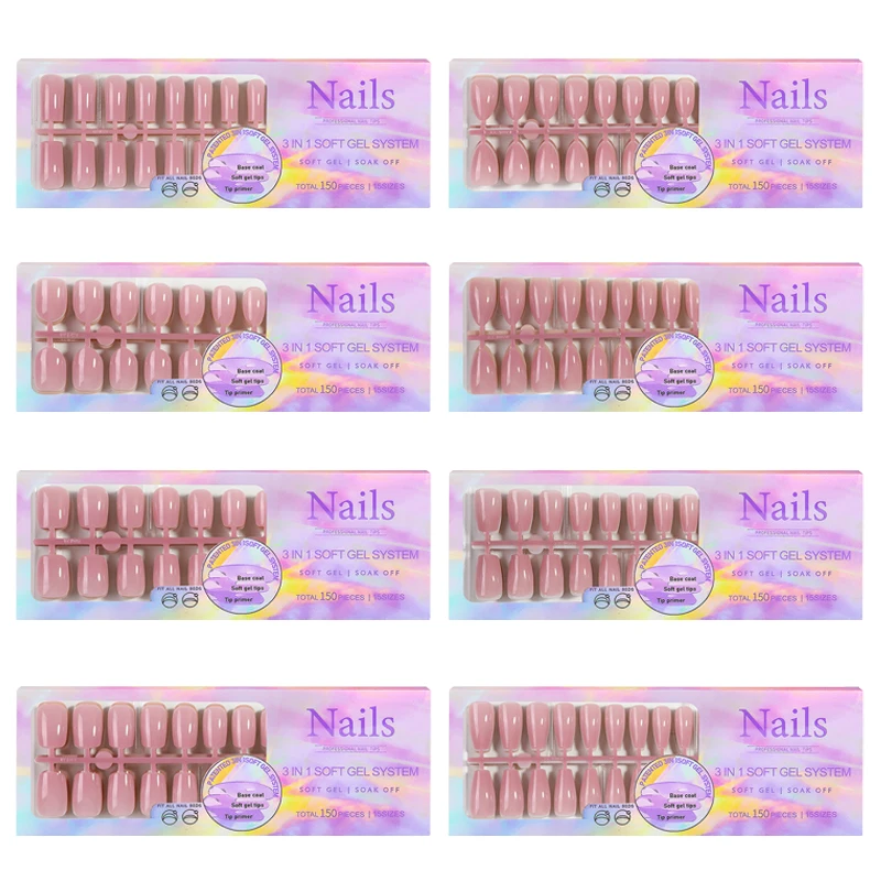 150Pcs/Box Acrylic Press On Nails Full Cover Fake False Tips Soft Gel Extension T-shaped Oval Capsule Almond Sculpted Salon DIY