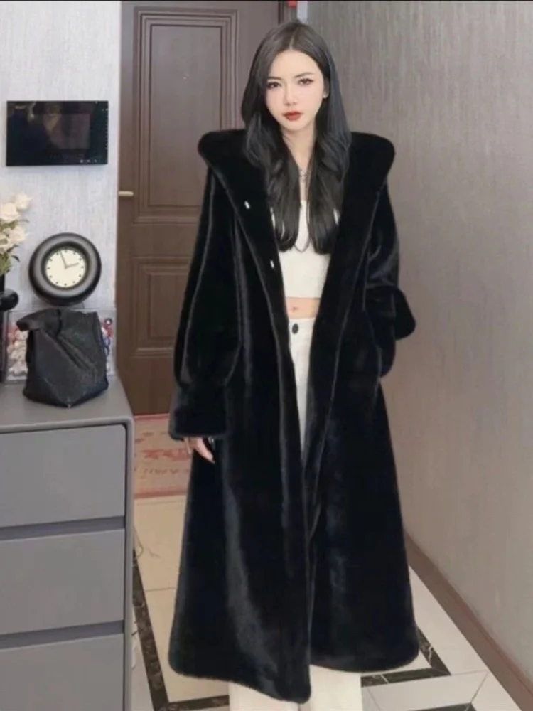 Abrigo con capucha de longitud media con adornos de piel ecológico para mujer Prendas de abrigo de piel de conejo Sli Casual Chic Long Sve Polyester Jaet